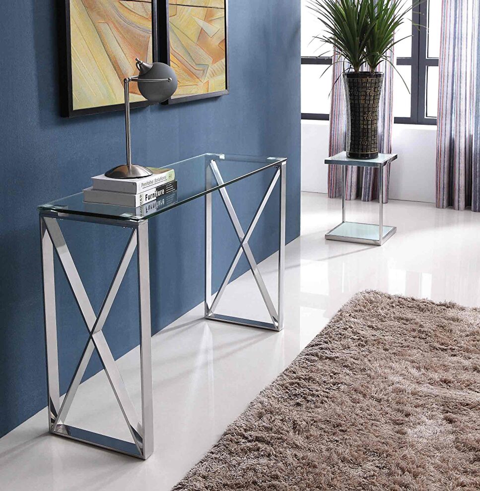 Brooke console, clear glass, stainless steel base by Whiteline 