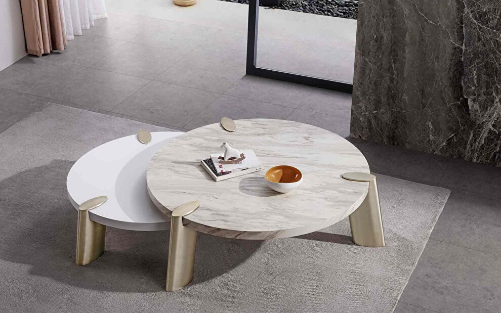 Mimeo large round coffee table white marble paper top by Whiteline 