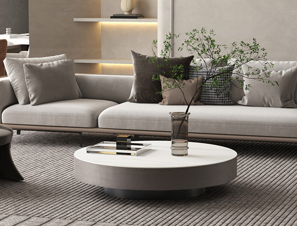 White ceramic top and gray oak veneer base coffee table by Whiteline 