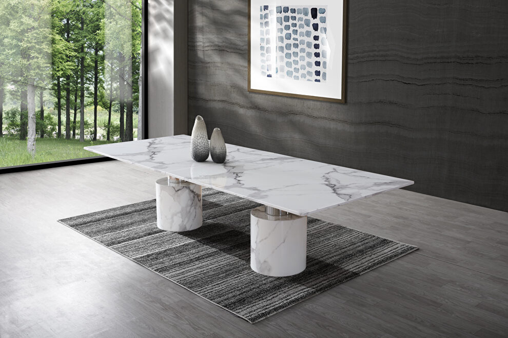 White glossy marble top and two pedestals marble base dining table by Whiteline 