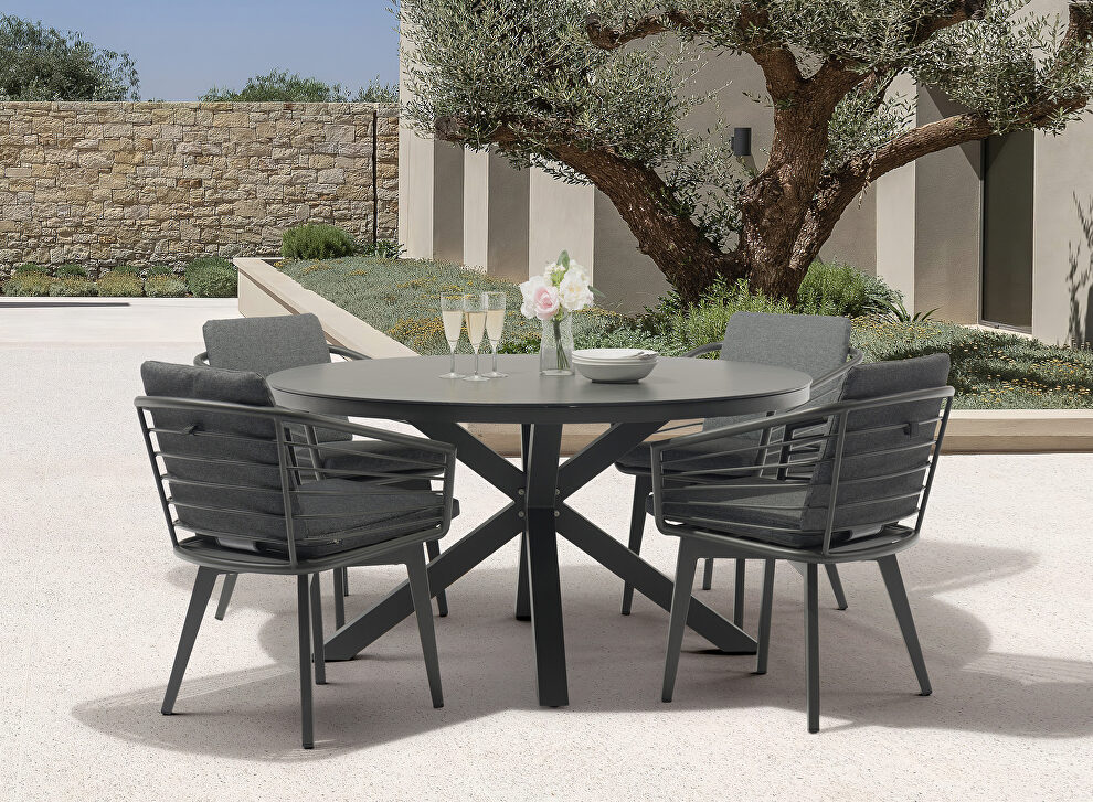 8mm glass ceramic finish round top outdoor dining table by Whiteline 