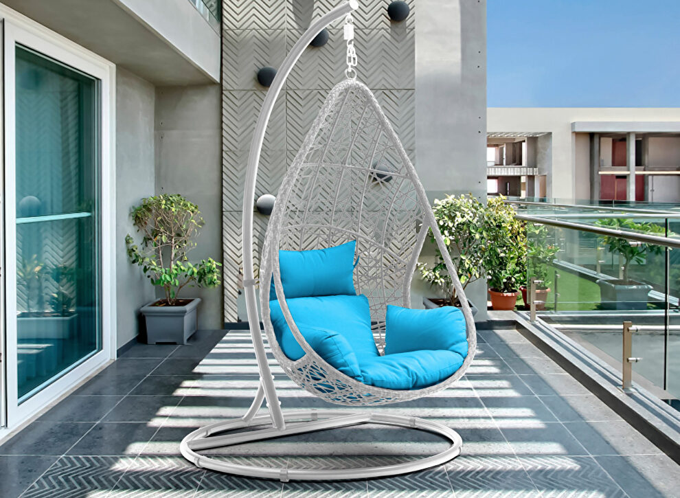 White powder-coating steel stand outdoor egg chair w/ blue seat cushions by Whiteline 