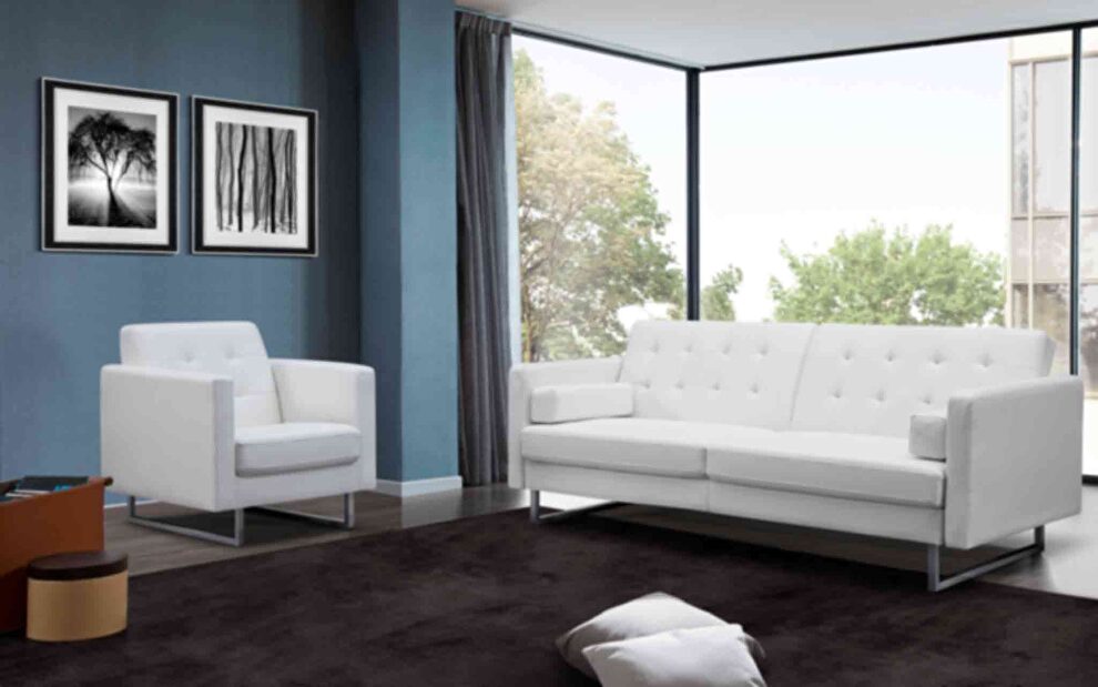 Sofa bed white faux leather stainless steel legs by Whiteline 