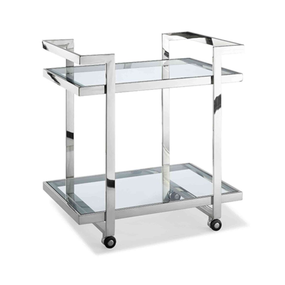 Side table/ bar cart, clear glass, stainless steel base on castors by Whiteline 