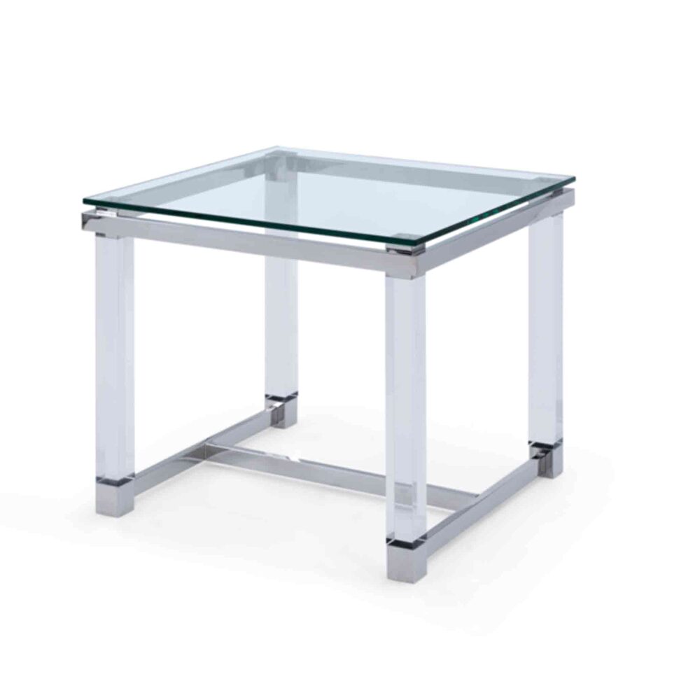 Side table tempered clear glass top, polished stainless steel frame by Whiteline 