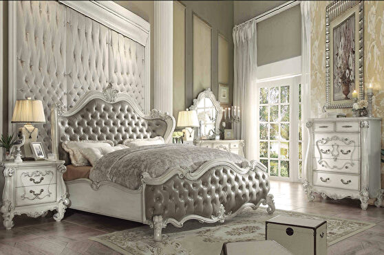 Vintage gray pu & bone white queen bed