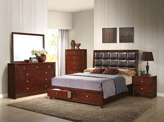 Brown pu & brown cherry queen bed w/storage