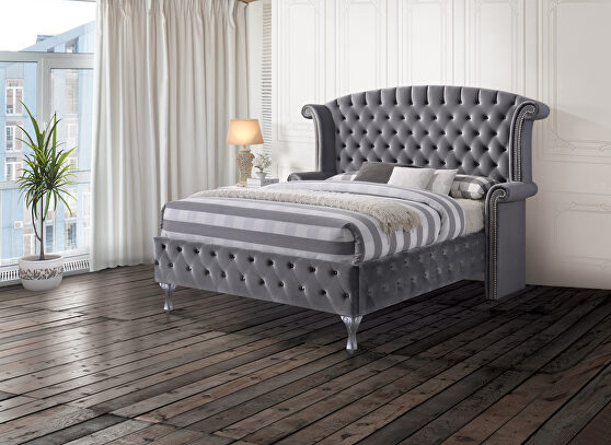 Gray velvet king bed