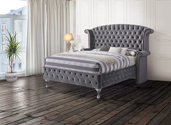 Gray velvet queen bed