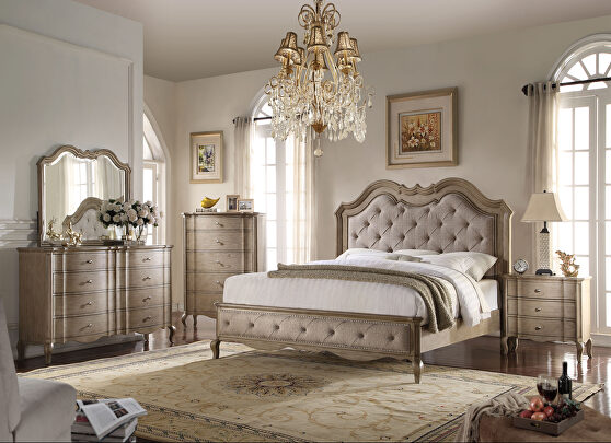 Beige fabric & antique taupe eastern king bed