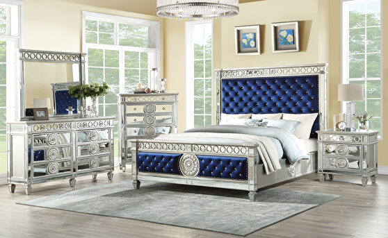 Blue velvet & mirrored queen bed