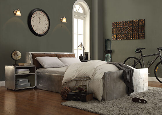 Retro brown top grain leather & aluminum queen bed w/storage