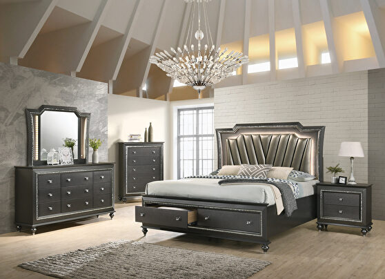 Pu & metallic gray finish queen bed w/storage