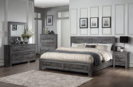 Rustic gray oak eastern king bed in distressed finish