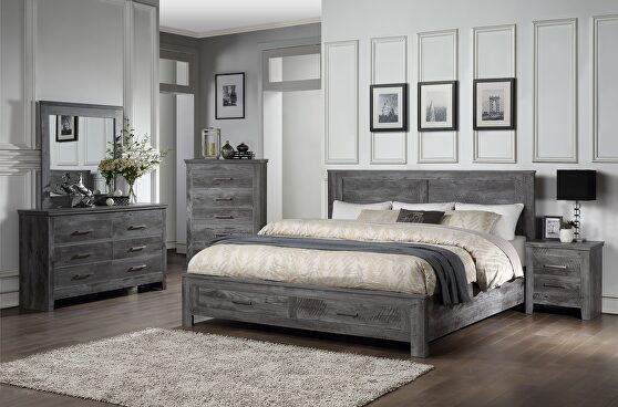 Rustic gray oak queen bed w/storage