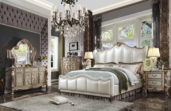 Pearl white pu & gold patina finish queen bed