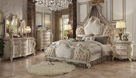 Fabric & antique pearl picardy queen bed