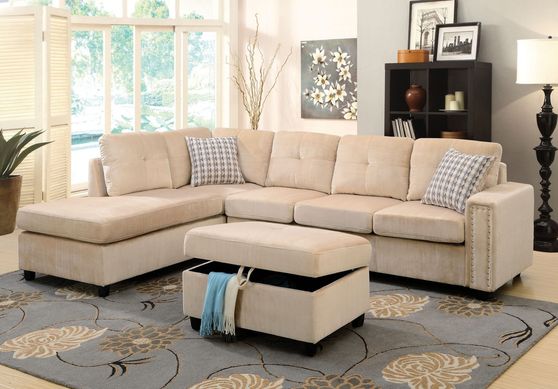 Beige velvet reversible sectional sofa