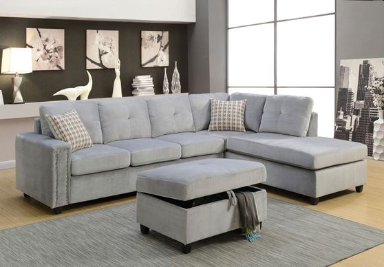 Gray velvet reversible sectional sofa
