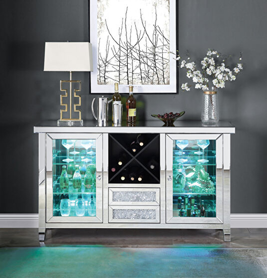 Beveled mirrored frame and faux diamonds inlay wine cabinet w/ led