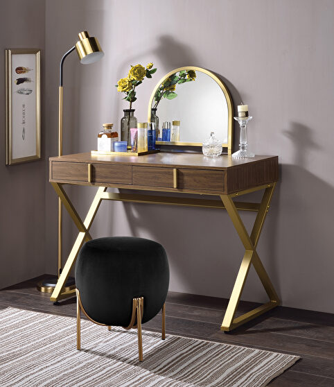 Walnut & gold finish rectangular vanity desk