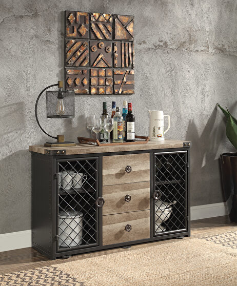 Oak & sandy black finish metal frame server