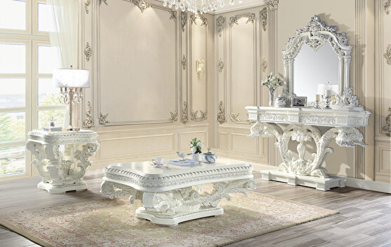 Antique white finish intricate moldings coffee table