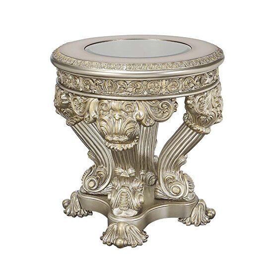 Antique white and gold finish ornate carvings end table