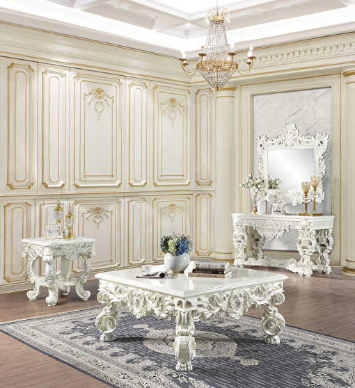 Antique white finish curved legs coffee table