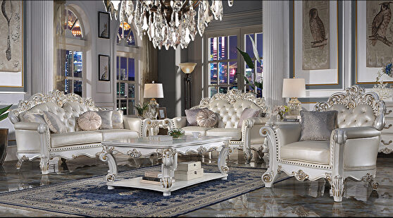 Champagne pu & antique pearl finsih button tufted sofa