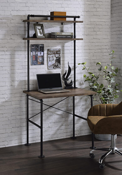 Rustic oak & black finish metal base writing desk