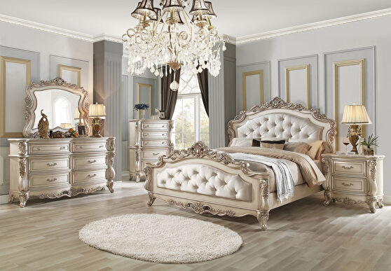 Fabric & antique white eastern king bed