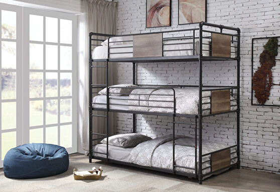 Sandy black & dark bronze hand-brushed triple bunk bed - twin