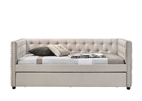 Beige fabric button tufted and nailhead trim accent full daybed