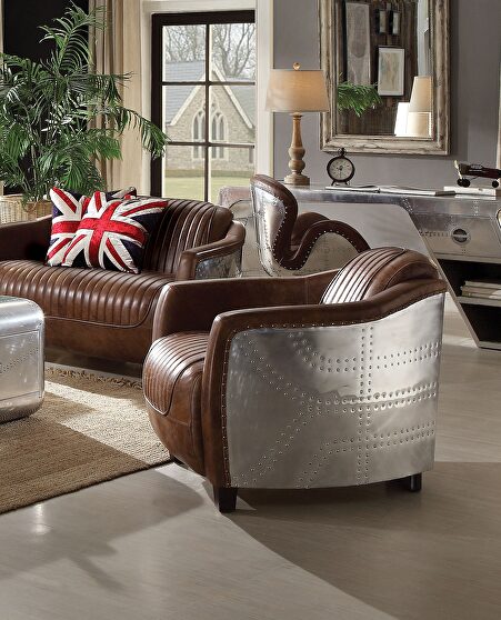 Retro brown top grain leather & aluminum chair