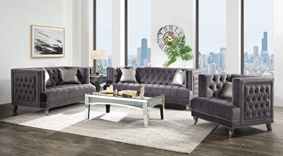 Gray velvet sofa