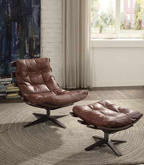 Retro brown top grain leather 2pc pack chair & ottoman