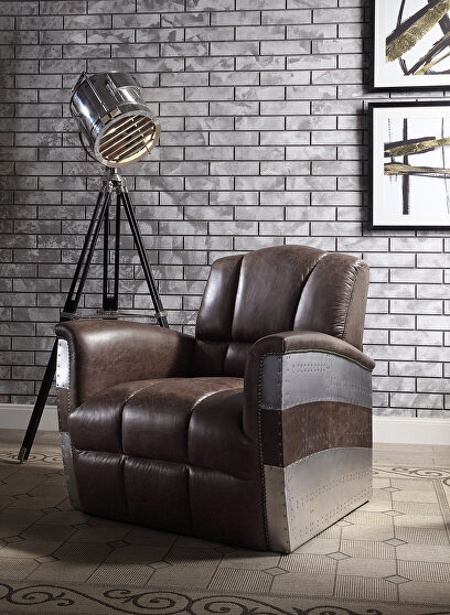 Retro brown top grain leather & aluminum accent chair
