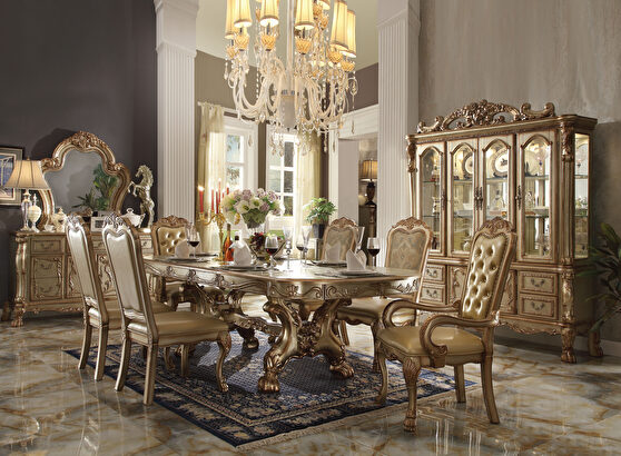 Gold patina & bone dining table with trestle pedestal