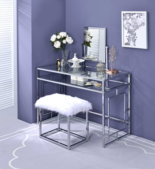 White faux fur & chrome vanity desk and stool