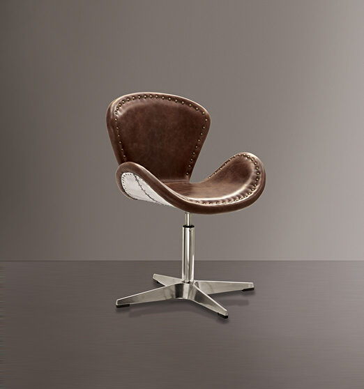 Retro brown top grain leather & aluminum accent chair w/swivel