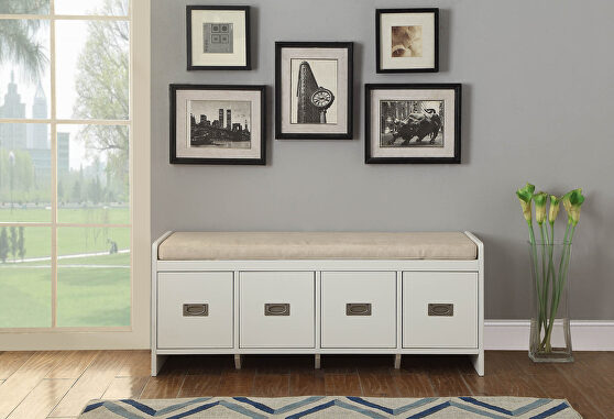Beige fabric & white finish bench with storage