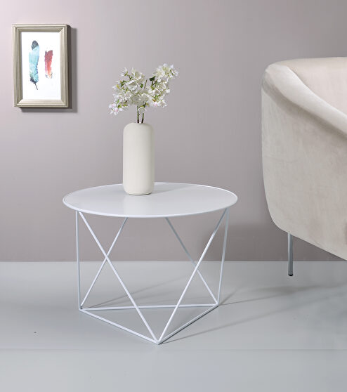 White finish geometric metal base accent table