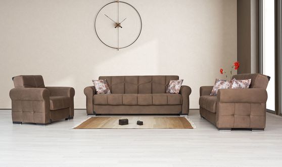 Contemporary light brown tufted sofa w/ storage