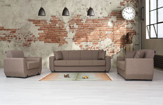 Light brown fabric sleeper sofa w/ storage
