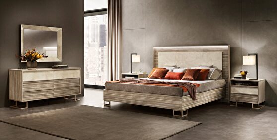 Contemporary Italy-made minimalist king size bed w/ light