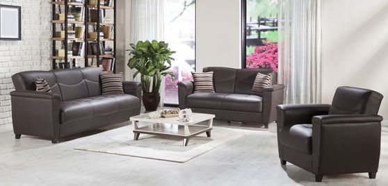 Brown leatherette storage sofa / sofa bed