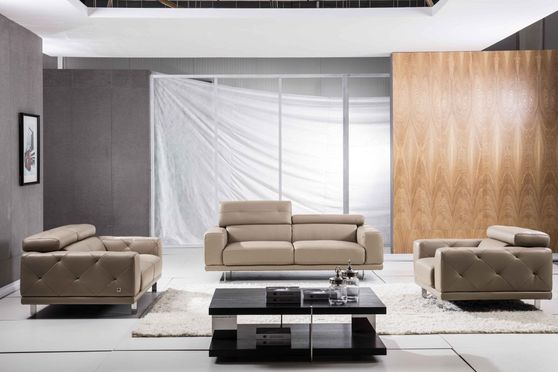 Modern low-profile leather sofa in taupe