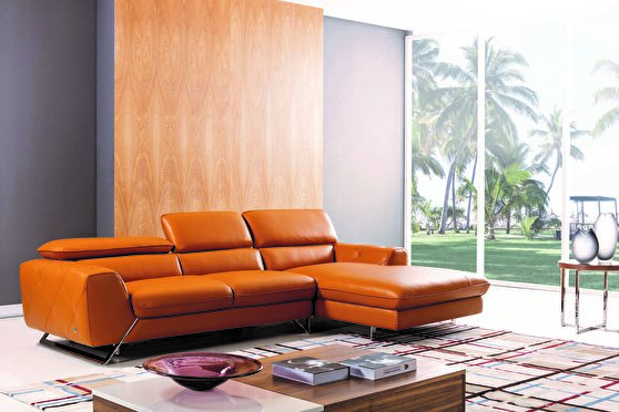 Modern low-profile sectional in pumpkin leather