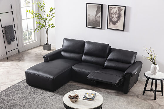 Electric recliner left-facing black leather sectional